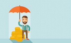A businessman with beard standing holding umbrella protecting his money to investments, money management. Saving money for any storm problem will come. Business concept.A contemporary style with