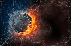 Speedometer on fire and water with lightening around on black background. Horizontal layout with text space.