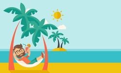 A young caucasian on the beach relaxing and drinking cocktail under the heat of the sun with two coconut tree. A contemporary style with pastel palette blue tinted background with desaturated clouds