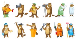 Set of cute beavers in clothes of different professions such as artist, photographer, surgeon, carpenter, graduate, painter, doctor, plumber, mailman. Vector illustration isolated on white background.