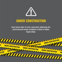 Under construction website page with black and yellow striped borders vector illustration. Border stripe web, warning banner