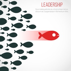 Business leadership vector concept with red leader fish and winning team. Leadership business, fish group illustration