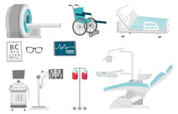 Medical equipment illustrations set. Collection of medical equipment including hospital bed, MRI, x-ray scanner, wheelchair, dental chair. Vector cartoon illustrations isolated on white background.