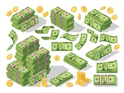 Various money bills dollar cash paper bank notes and gold coins vector set. Money cash heap, pile and stack money illustration