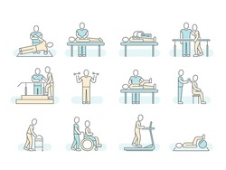 Massage therapy spa physiotherapy vector line medical icons. Therapeutic symbols and recuperation, physiotherapist rehabilitation illustration