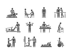 Medical physical therapy and people rehabilitation treatment black silhouette vector icons. Therapeutic and physiotherapy, recuperation and rehabilitation illustration