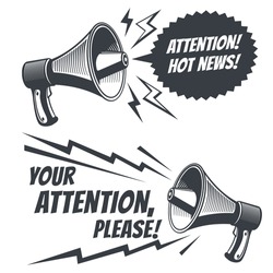 Attention please vector symbols with voice megaphone. Commercial poster with megaphone and message bubble illustration