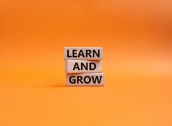 Learn and grow symbol. Concept words 'Learn and grow' on wooden blocks. Beautiful orange background. Business and Learn and grow concept. Copy space.