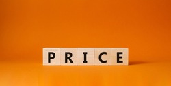 Price symbol. Wooden cubes with word Price. Beautiful orange background. Price concept. Copy space.