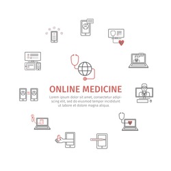 Online diagnosis and treatment. Virtual medical consultation infographic. Vector line icons. infographic set.
