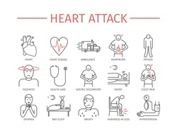 Heart Attack. Symptoms, Treatment. Line icons set. Vector signs for web graphics.