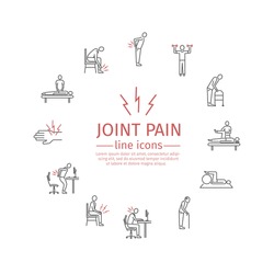 Joint pain. Line icons set. Vector signs for web graphics.