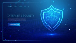 Internet security for computer, vpn safety cyber shield concept. Data security illustration protection shield. Privacy secure blue technology background.