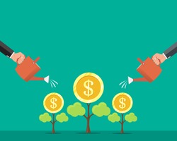 Human hand watering money dollar coin tree , Money Growth ,Financial growth concept. Vector illustration.
