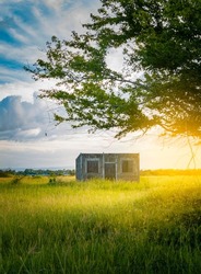 An abandoned house in the field at sunset, View of a lonely and abandoned house in the middle of the grass, Small abandoned house in the forest, Landscape of an abandoned house at sunset