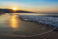 Sunrise at Sunny beach, Bulgaria, Europe. Beautiful sunrise at the beach in summer.
