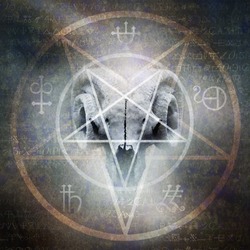 Black mass montage of occult goat skull overlaid with a Satanic pentagram materialising against a grunge texture background of alchemy symbols.