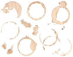 Collection of various brown coffee stains isolated on white.