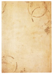 Aging, worn paper with coffee stains and rough edges. Blank with room for text or images. Isolated on White. Includes clipping path.