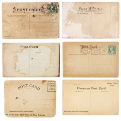 A set of six mildly heavily distressed vintage from early 1900s. Postcards are blank with room for your text and images. Isolated on white with clipping paths.