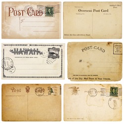 A set of six heavily aged postcards from early 1900s. Each card is blank with room for your text and images. Isolated on white with clipping paths.