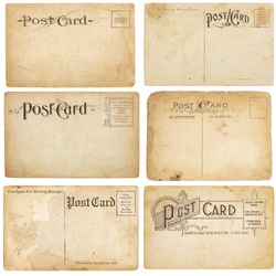 A set of six heavily aged but unstamped post cards from early 1900s. Postcards are blank with room for your text and images. Isolated on white with clipping paths.