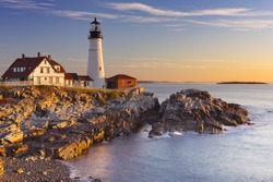 The Portland Head Lighthouse in Cape Elizabeth, Maine, USA. Photographed at sunrise.