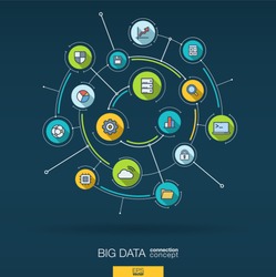 Abstract big data analytics background. Digital connect system with integrated circles, flat icons. Network interact interface concept. Storage center, bigdata vector infographic illustration