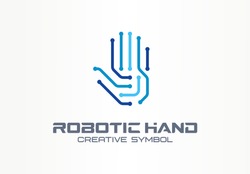 Robotic hand creative symbol concept. Digital technology, cyber security abstract business logo. VR touch, electronic, automation, ai cyborg icon. Corporate identity logotype, company graphic design