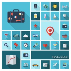 Vector illustration of flat color icons with long shadow. Traveling, tourism, planning summer vacation, airplane, map, luggage symbols