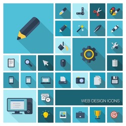 Vector illustration of flat color icons with long shadow. Graphic tools set for web, application development, computer, mobile apps, internet, interface design. Pencil, brush, cogwheel, grid symbol