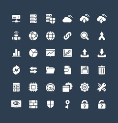 Vector flat icons set and graphic design elements. Illustration with big data and analytics technology solid symbols. Bigdata, database, seo, server, information security glyph pictogram