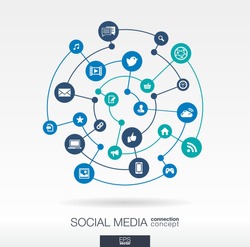 Social media connection concept. Abstract background with integrated circles and icons for digital, internet, network, connect, communicate, technology, global concepts. Vector infograp illustration