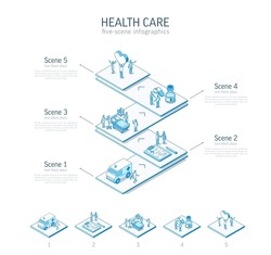 3d line isometric healthcare infographic template. Medical care presentation layout. 5 option steps, process parts concept. Doctor, nurse teamwork, patient treatment illustration. Clinic diagnostic
