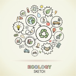 Ecology hand drawing integrated icons. Vector doodle connected pictogram set: sketch interaction illustration on paper: eco friendly, energy, environment, green, recycle, bio and global concepts