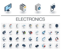 Isometric flat icon set. 3d vector colorful illustration with electronics, multimedia and technology symbols. Music, film, phones, joystick, video, kitchen gadgets colorful pictogram Isolated on white