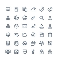 Vector thin line icons set and graphic design elements. Illustration with big data and analytics technology outline symbols. Bigdata, database, seo, server, information security linear pictogram