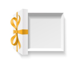 Empty open gift box with golden color bow knot, ribbon isolated on white background. Happy birthday, Christmas, New Year, Wedding or Valentine Day package concept. 3d vector illustration, top view