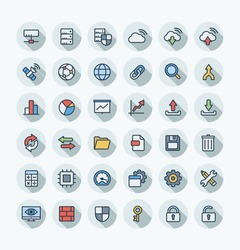 Vector thin line icons set and graphic design elements. Illustration with big data and analytics technology outline symbols. Bigdata, database, seo, server, information security flat color pictogram