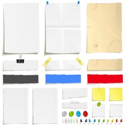 White folded paper, grungy old paper, ragged sheets of paper, blank squared and lined notepad pages and elements for attaching paper: pin, plasticine, scotch tape and paperclip set