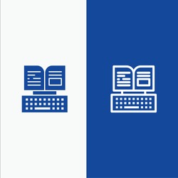 Key, Keyboard, Book, Facebook Line and Glyph Solid icon Blue banner. Vector Icon Template background