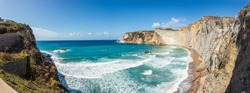 Panoramic view from the top of Chiaia di Luna beach in the Ponza island, Lazio, Italy. The beach is closed to tourists, due to falling rocks that killed several people. It can be admire it from sea