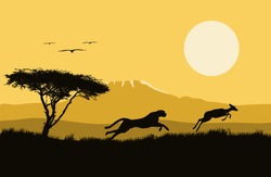 Vector horizontal  illustration of africa. wild life. hunting. africa logo. Jaguar and antelope. Tree and animals.
