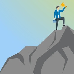 Male character climbing a mountain to achieve the goal of getting a trophy, Business concept to achieve a goal or success. trophy on top of mountain flat vector illustration. Flat vector illustration.