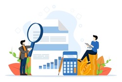 Concept of financial reports, digital accounting, financial audit and research, accounting reports. people study financial statements. Vector illustration in flat design on white background.
