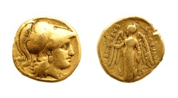 The two sides of an ancient greek gold coin, Alexander the Great, isolated on white.