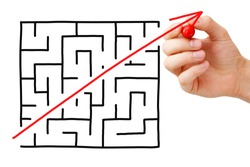 Shortcut cutted through a maze by a red arrow. Concept about finding a simple solution to a problem or completing a difficult task.