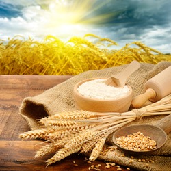 Organic ingredients for bread preparation with golden sunrise on background