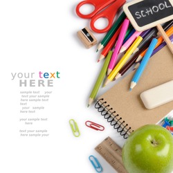 School stationery isolated over white with copyspace