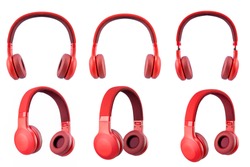 six red headphone isolate on white background.
